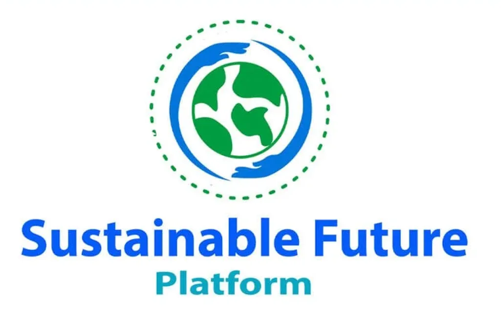 Logo of the Sustainable Future Platform featuring a green and blue globe and hands surrounding it.